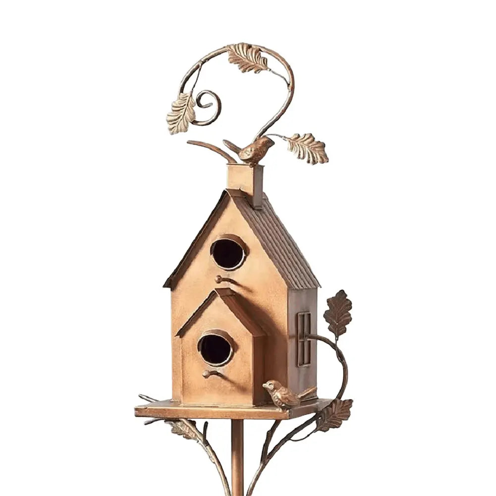 Metalen vogelhuisje van koper voor in de tuin — dubbele ingang, bladmotief