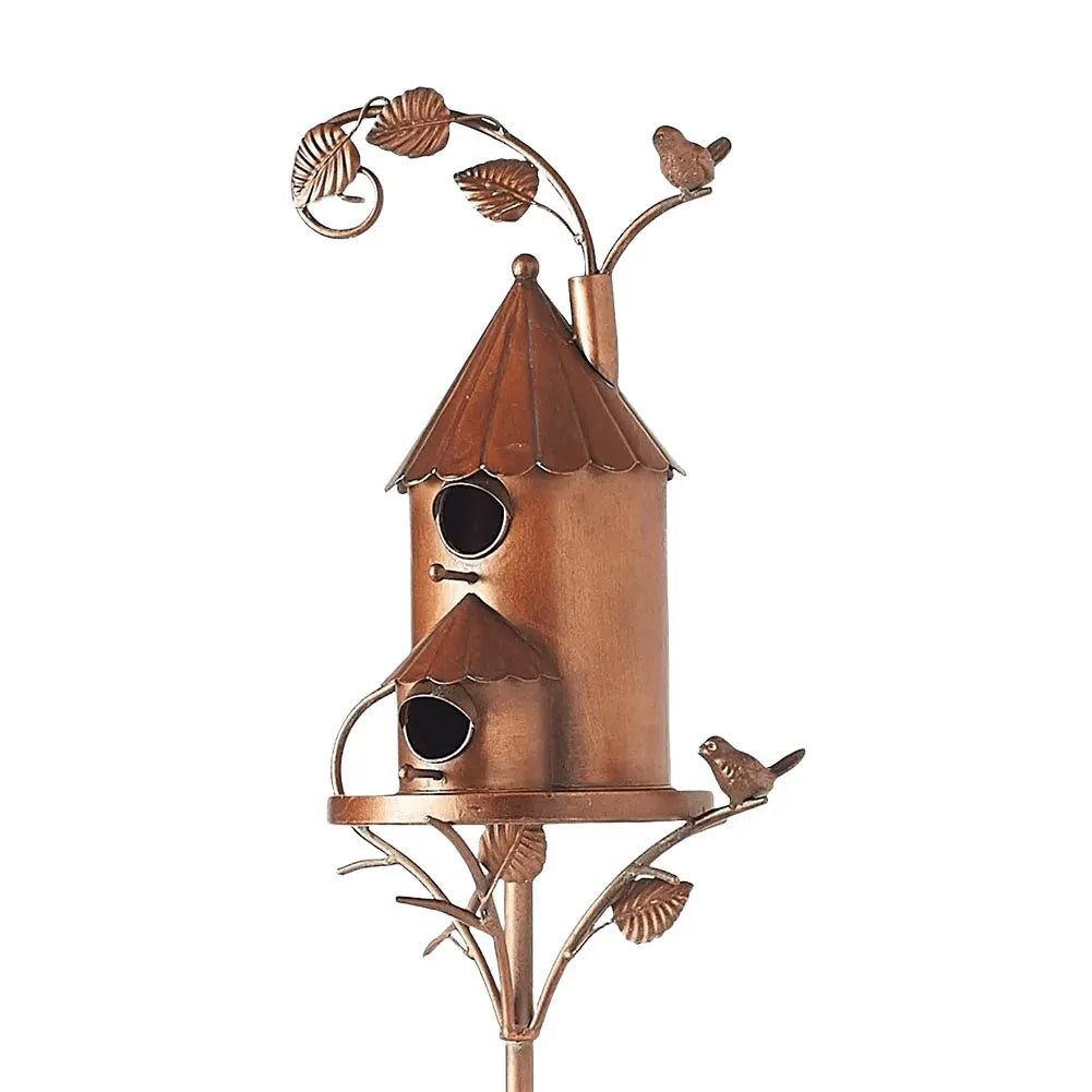 Metalen vogelhuisje van koper voor in de tuin — dubbele ingang, bladmotief
