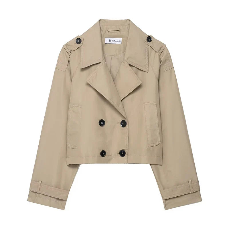 Aurora Vintage Double-Breasted Short Trench Coat — Turn-Down Collar