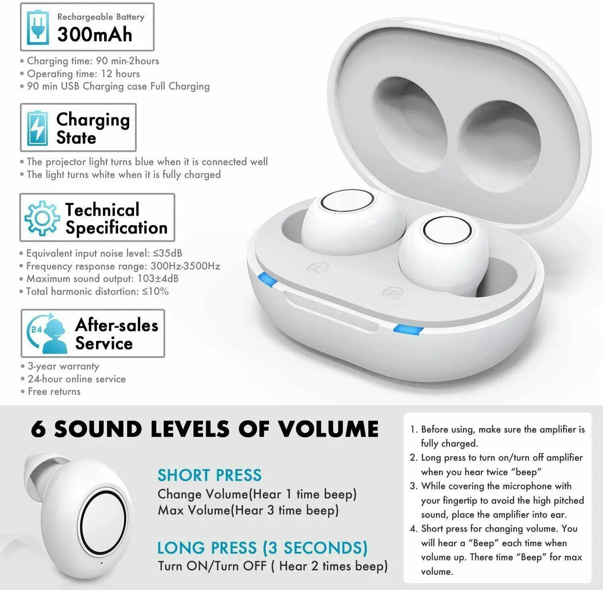 Bezdrátové Bluetooth naslouchátko — ovládání pomocí aplikace, několik zvukových režimů