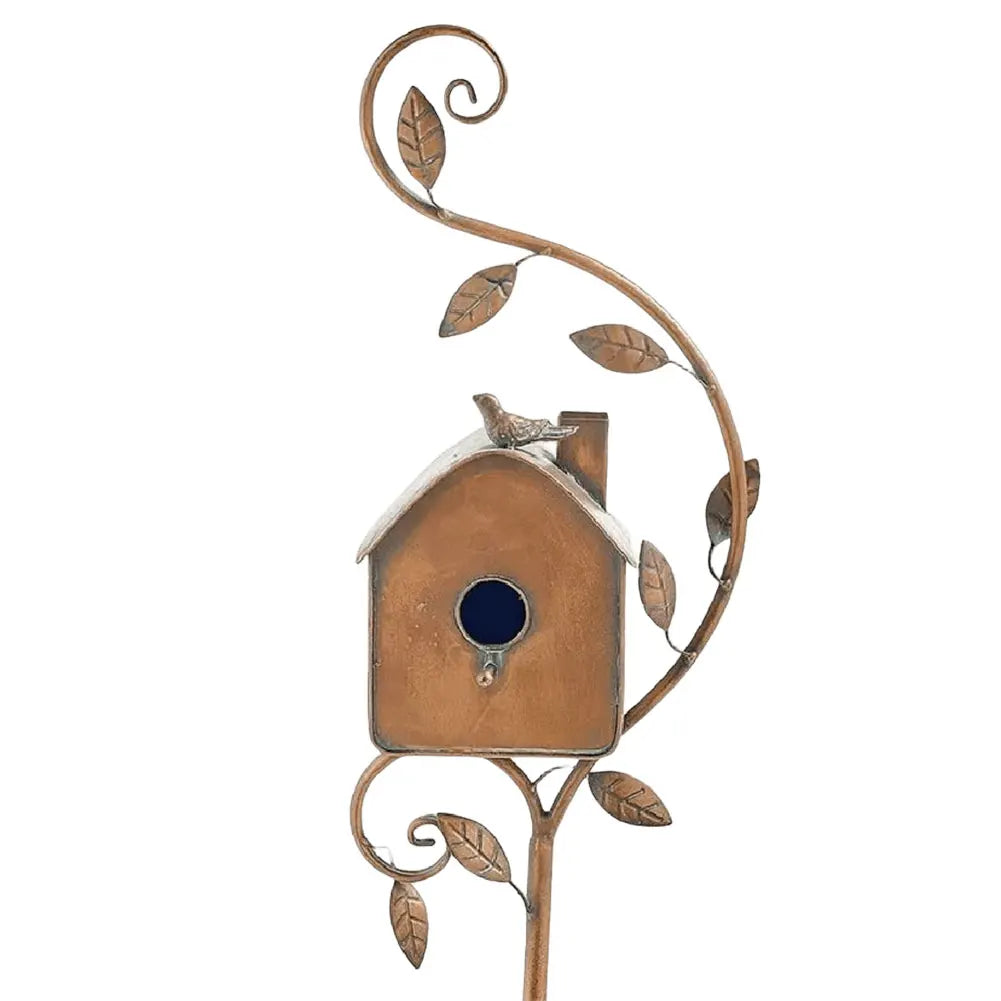 Metalen vogelhuisje van koper voor in de tuin — dubbele ingang, bladmotief