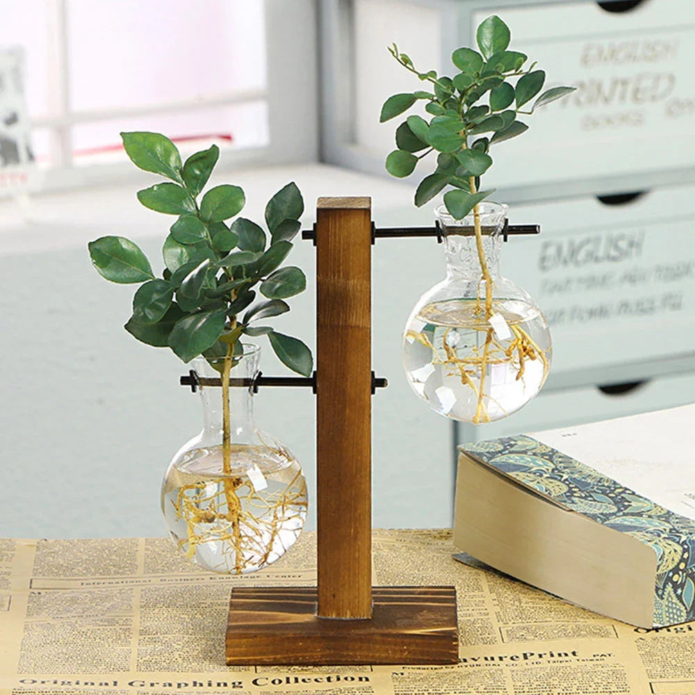 WoodenBloom hydroponisk glasvase med træstativ