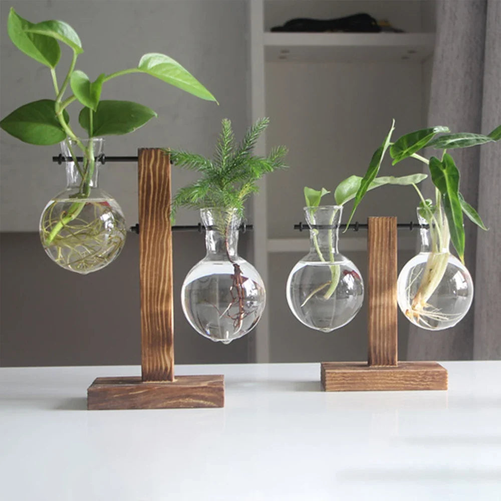 WoodenBloom hydroponisk glasvase med træstativ