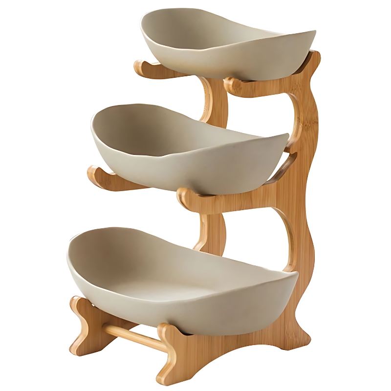 Multi-Level Fruit Organizer with Bamboo Base and Plastic Bowls | livraina