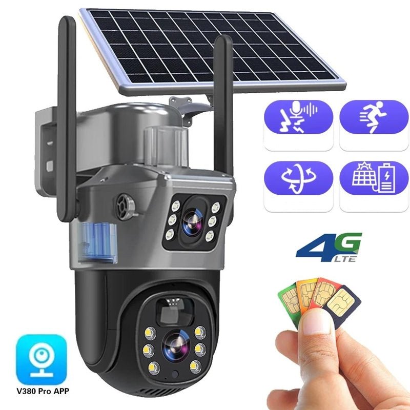 Câmara de segurança solar 4K LuminaGuard — sem fios, lente dupla, visão noturna