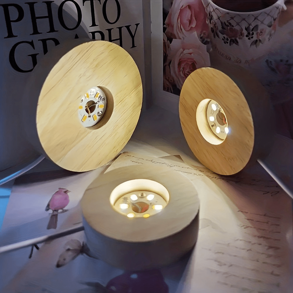 Expositor de madeira natural com LED e alimentação USB - luz branca quente | livraina