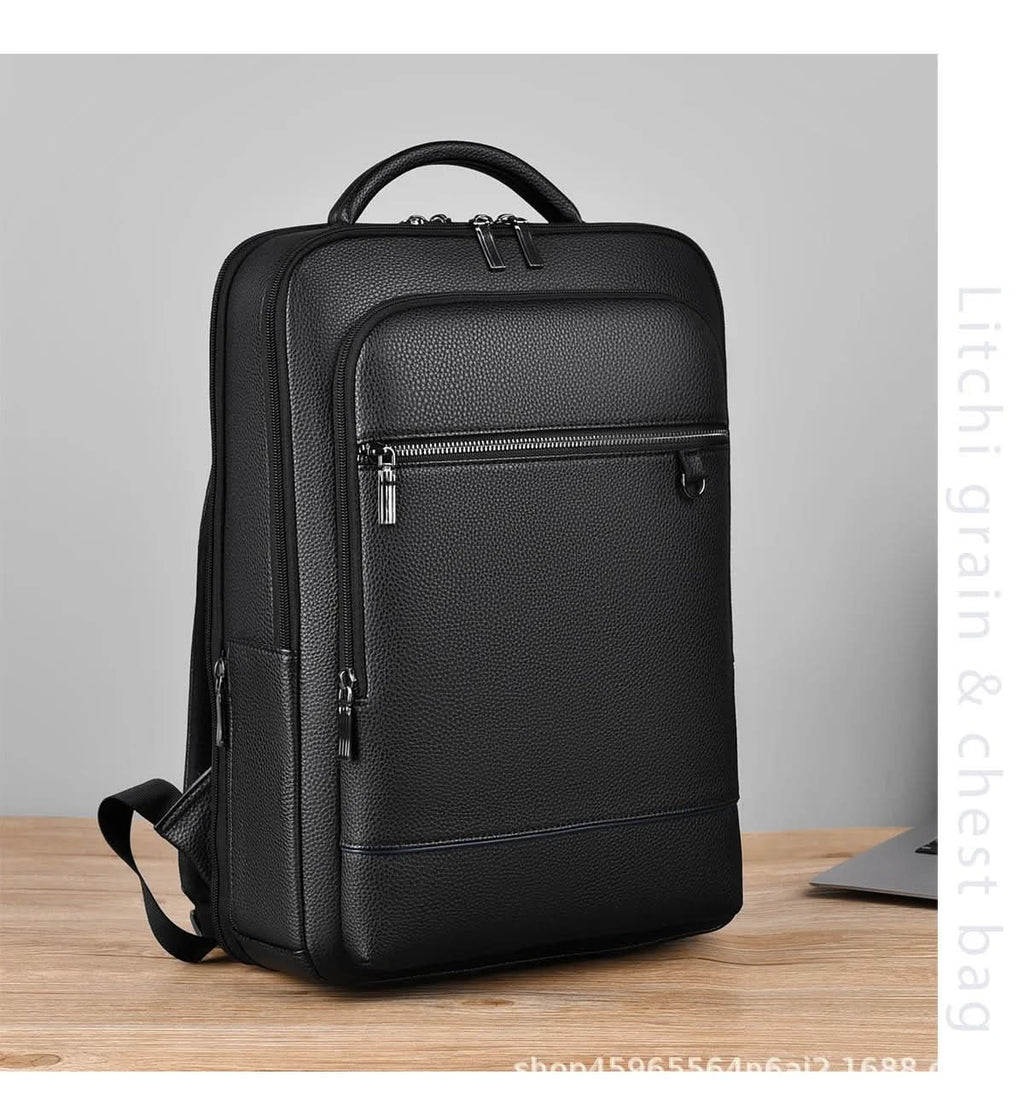 Bőr hátizsák 15.6 hüvelykes laptophoz — USB-port, fekete