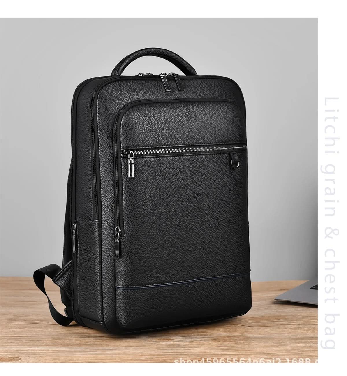 Bőr hátizsák 15.6 hüvelykes laptophoz — USB-port, fekete