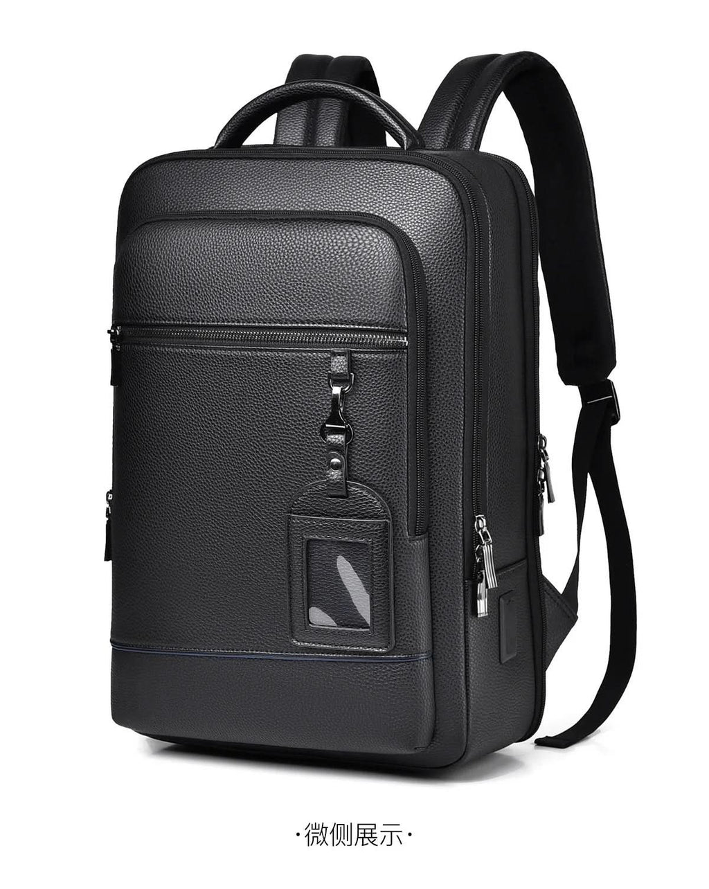Bőr hátizsák 15.6 hüvelykes laptophoz — USB-port, fekete