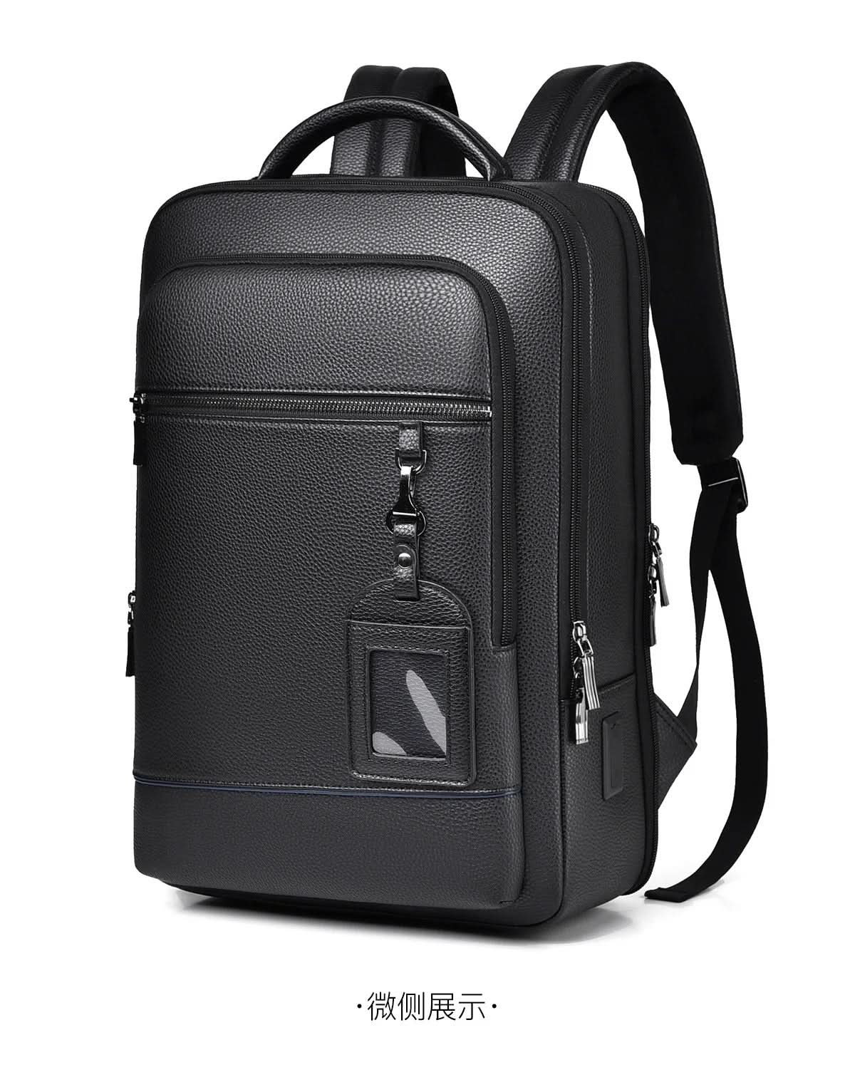 Bőr hátizsák 15.6 hüvelykes laptophoz — USB-port, fekete