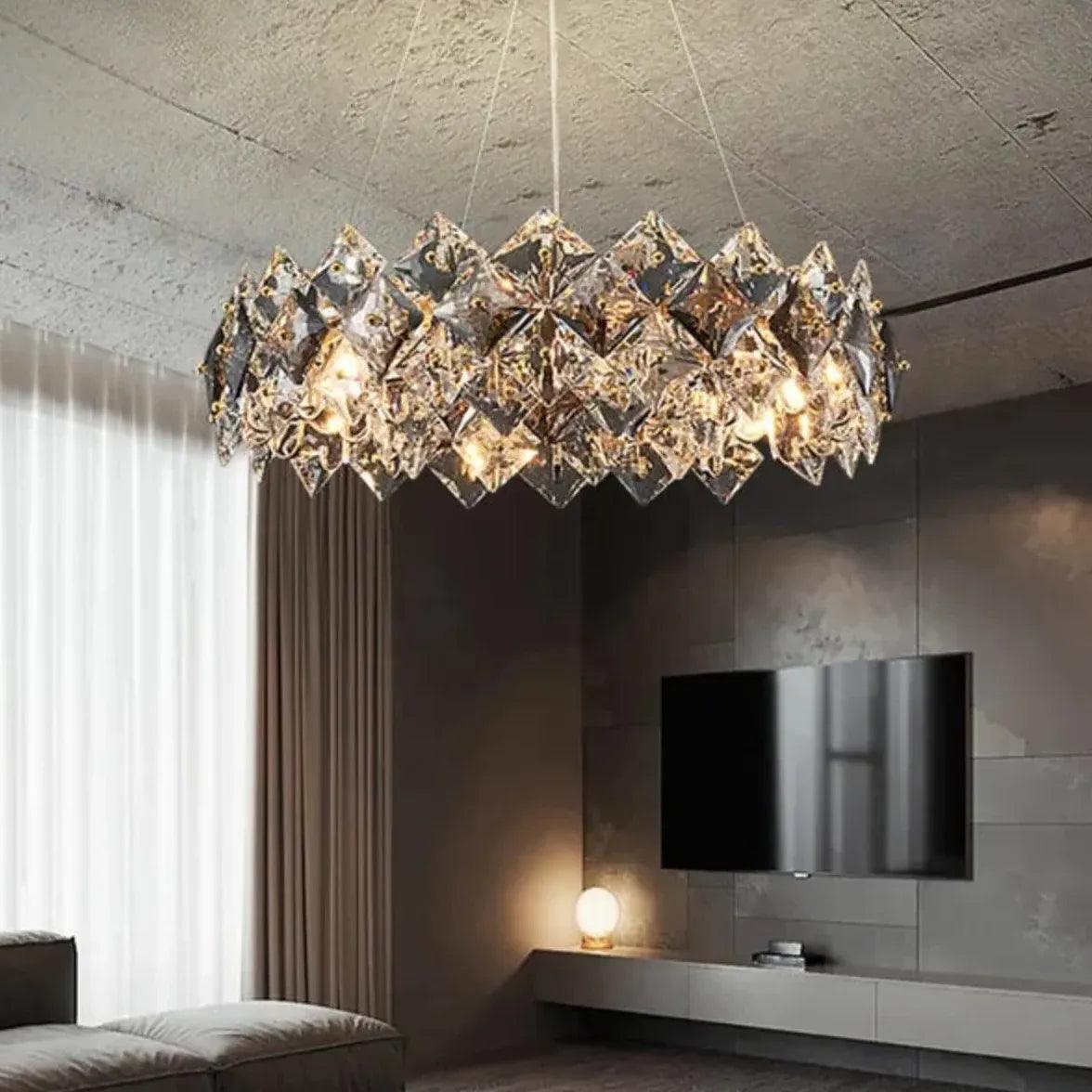 Elegant LED-krystallkrone med røykfargede ringer til soverommet | livraina