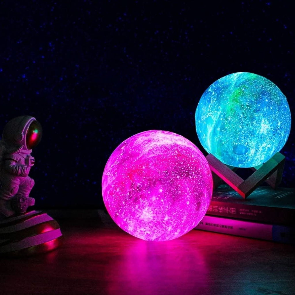 Lámpara lunar Aurora — Luz lunar 3D, 16 colores, mando a distancia y soporte