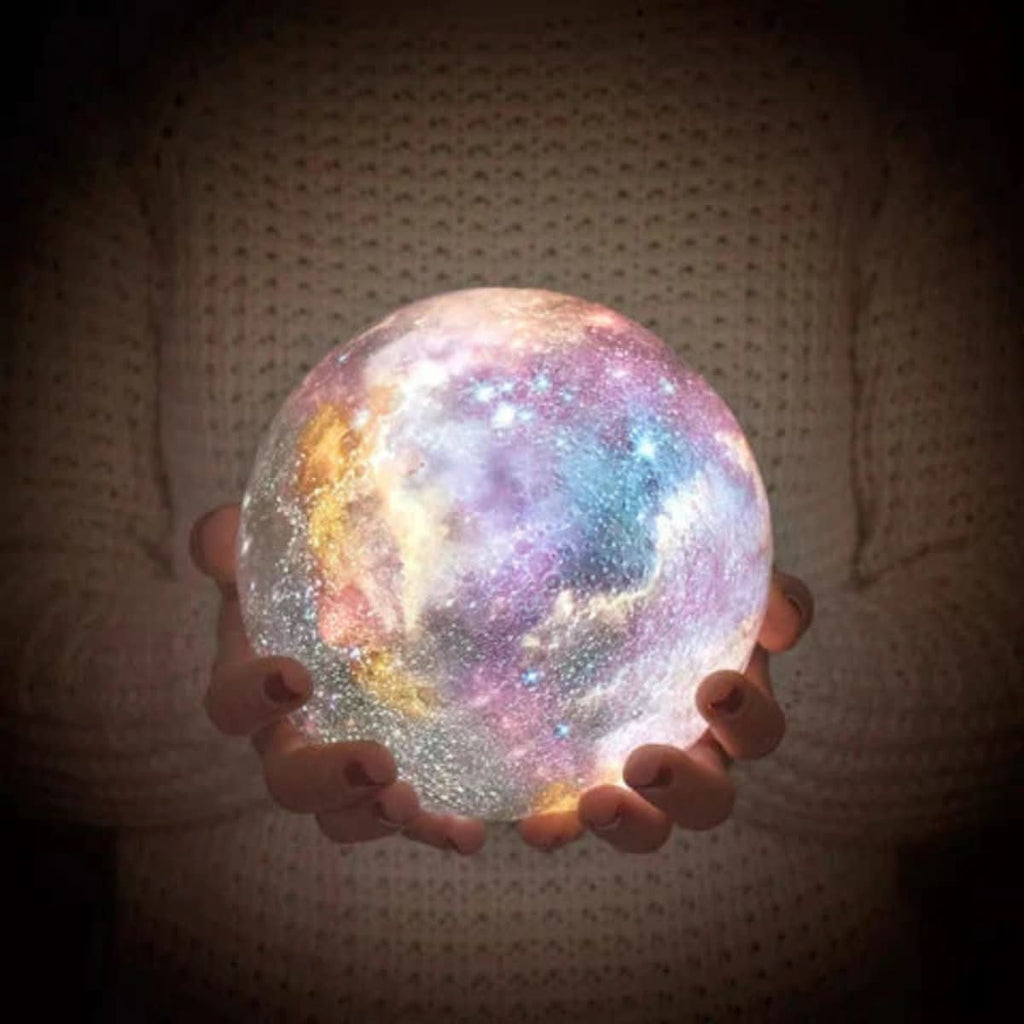 Lámpara lunar Aurora — Luz lunar 3D, 16 colores, mando a distancia y soporte