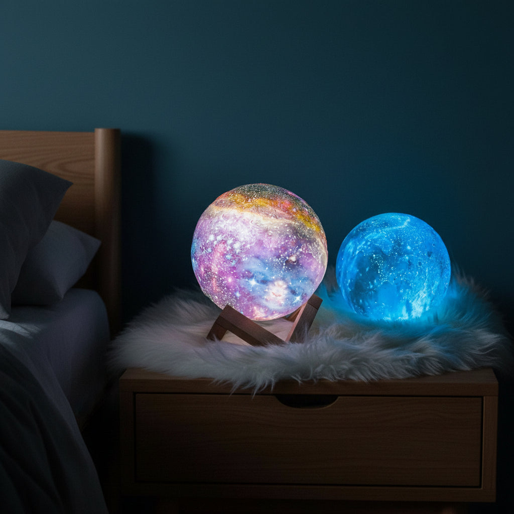 Lámpara lunar Aurora — Luz lunar 3D, 16 colores, mando a distancia y soporte
