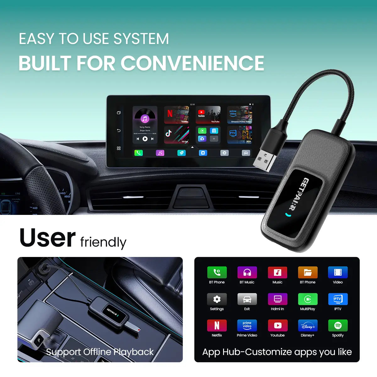 NovaLink vezeték nélküli CarPlay- és Android Auto-adapter — Beépített alkalmazásközpont