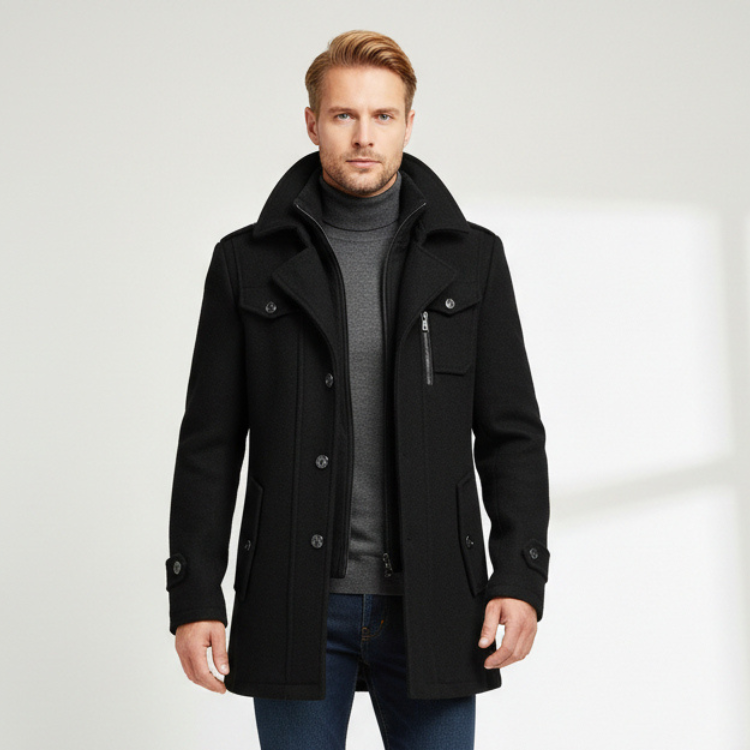 Nord strukturerad trenchcoat för män med dubbel krage, mellanlång modell