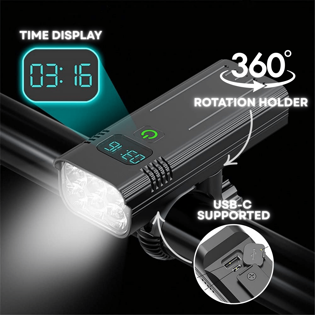 NovaGlide X světlo na kolo — 5000 lumenů, 12 LED, dobíjecí baterie USB-C