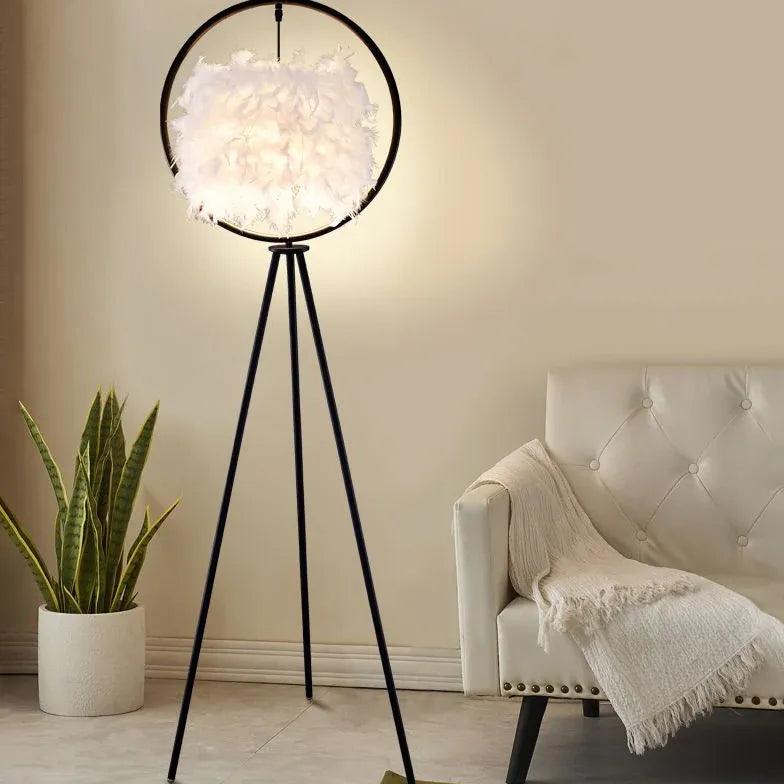 Svart cirkulär fjädergolvlampa med stativ | livraina