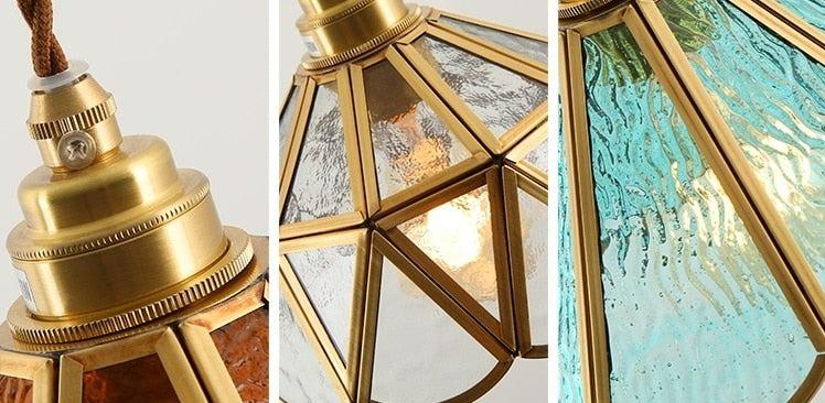Lámpara colgante de vidrio de colores y latón envejecido | livraina